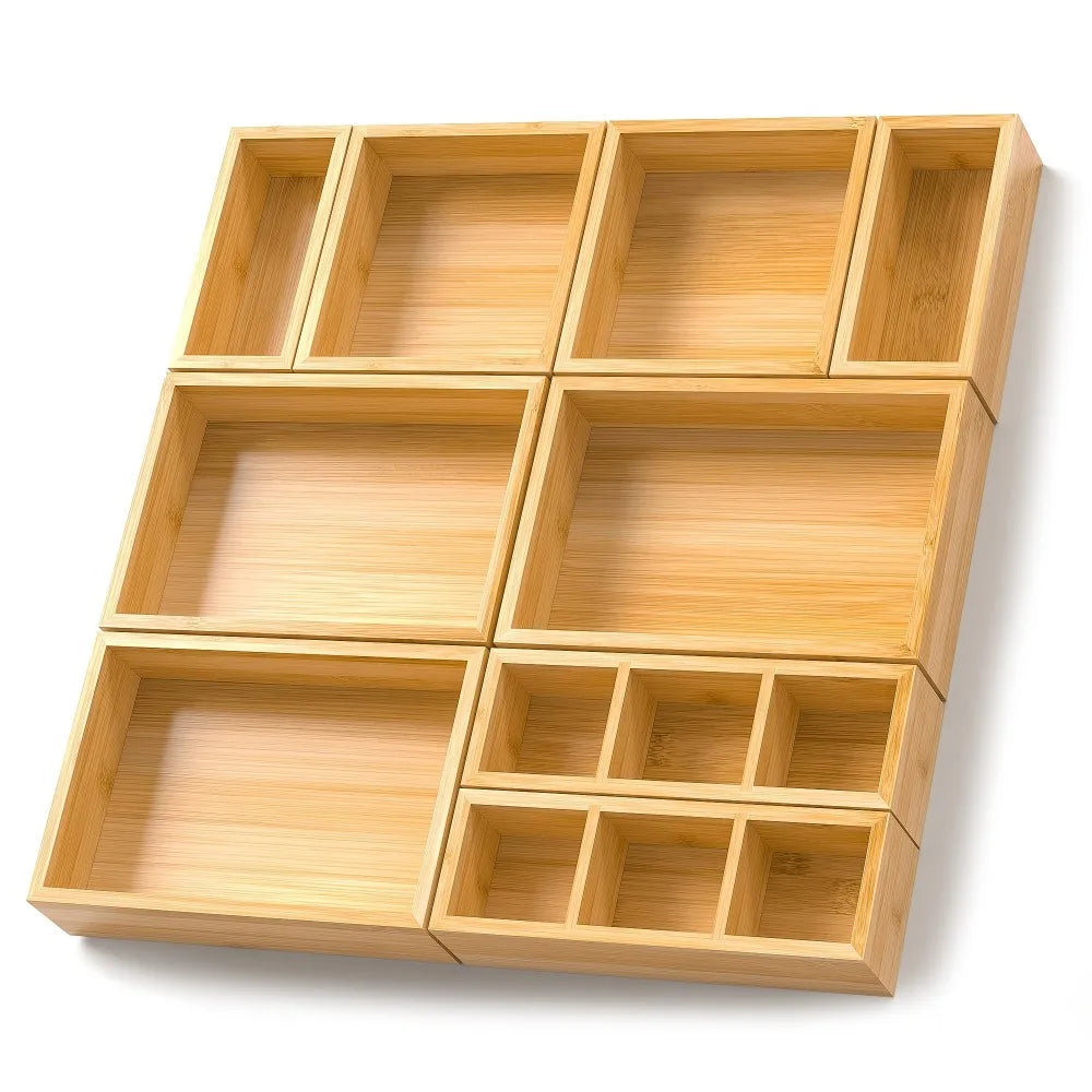 9pcs Bamboo Drawer Organizer with Adjustable Dividers & Compartments Suitable, Office, Bathroom Storage - Adjustable Wood Storage Boxes, Bamboo Trays for Desk, Tea Table, Multi- Organizers for and Workspace, Desk & Drawer Org