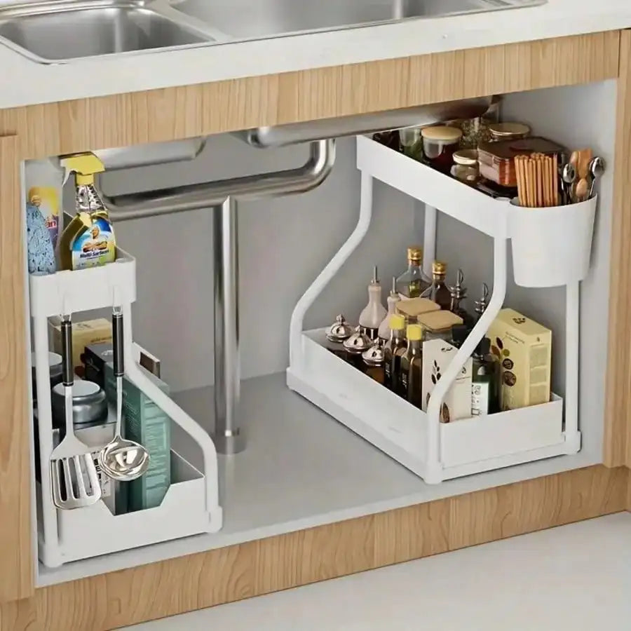 Multifunctional 2-Tier Under Sink Storage Organizer, Pull-Out Cabinet Rack Drawer, R-Shaped Expandable Adjustable Shelf, Large Capacity Space Saving Bathroom & Kitchen Organizer, Sliding Under Cabinet Storage Basket, Countert