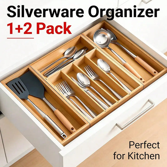 Bamboo Kitchen Drawer Organizer, Expandable Silverware Tray For Drawer, Multi-Slot Silverware Organizer & Utensil Drawer Organizer For Cutlery