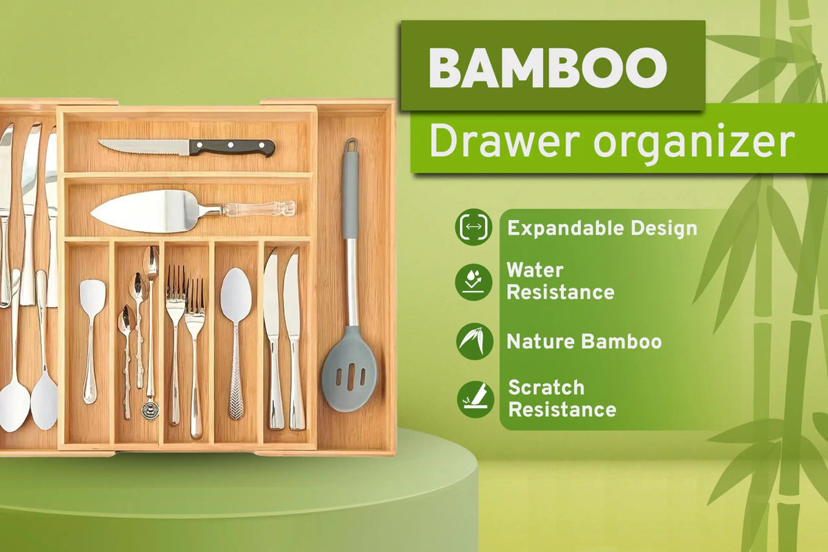Bamboo Kitchen Drawer Organizer, Expandable Wood Utensil Tray, Adjustable Silverware Organizer with 9 Compartments for Fork, Spoon & Knife Utensils