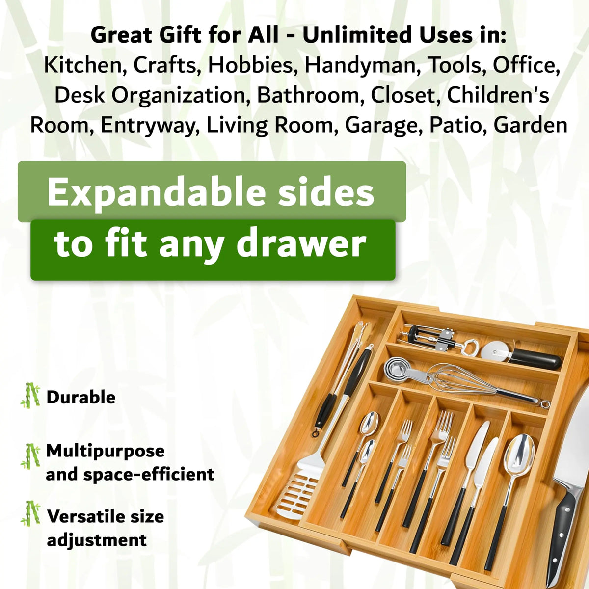 Bamboo Kitchen Drawer Organizer, Expandable Wood Utensil Tray, Adjustable Silverware Organizer with 9 Compartments for Fork, Spoon & Knife Utensils
