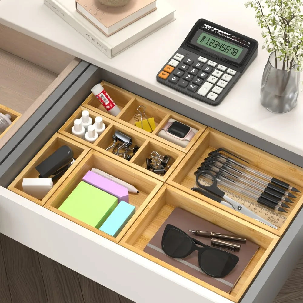 9pcs Bamboo Drawer Organizer with Adjustable Dividers & Compartments Suitable, Office, Bathroom Storage - Adjustable Wood Storage Boxes, Bamboo Trays for Desk, Tea Table, Multi- Organizers for and Workspace, Desk & Drawer Org