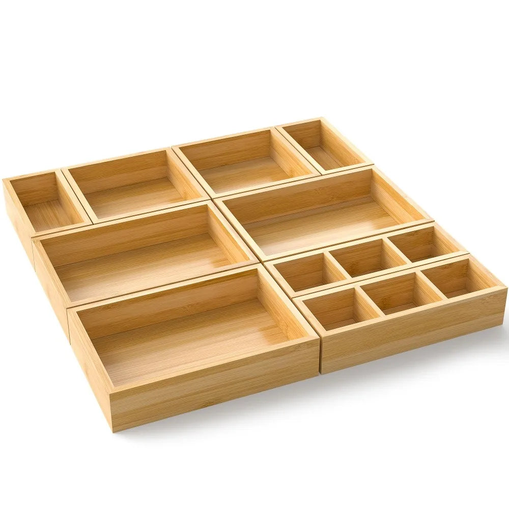 9pcs Bamboo Drawer Organizer with Adjustable Dividers & Compartments Suitable, Office, Bathroom Storage - Adjustable Wood Storage Boxes, Bamboo Trays for Desk, Tea Table, Multi- Organizers for and Workspace, Desk & Drawer Org