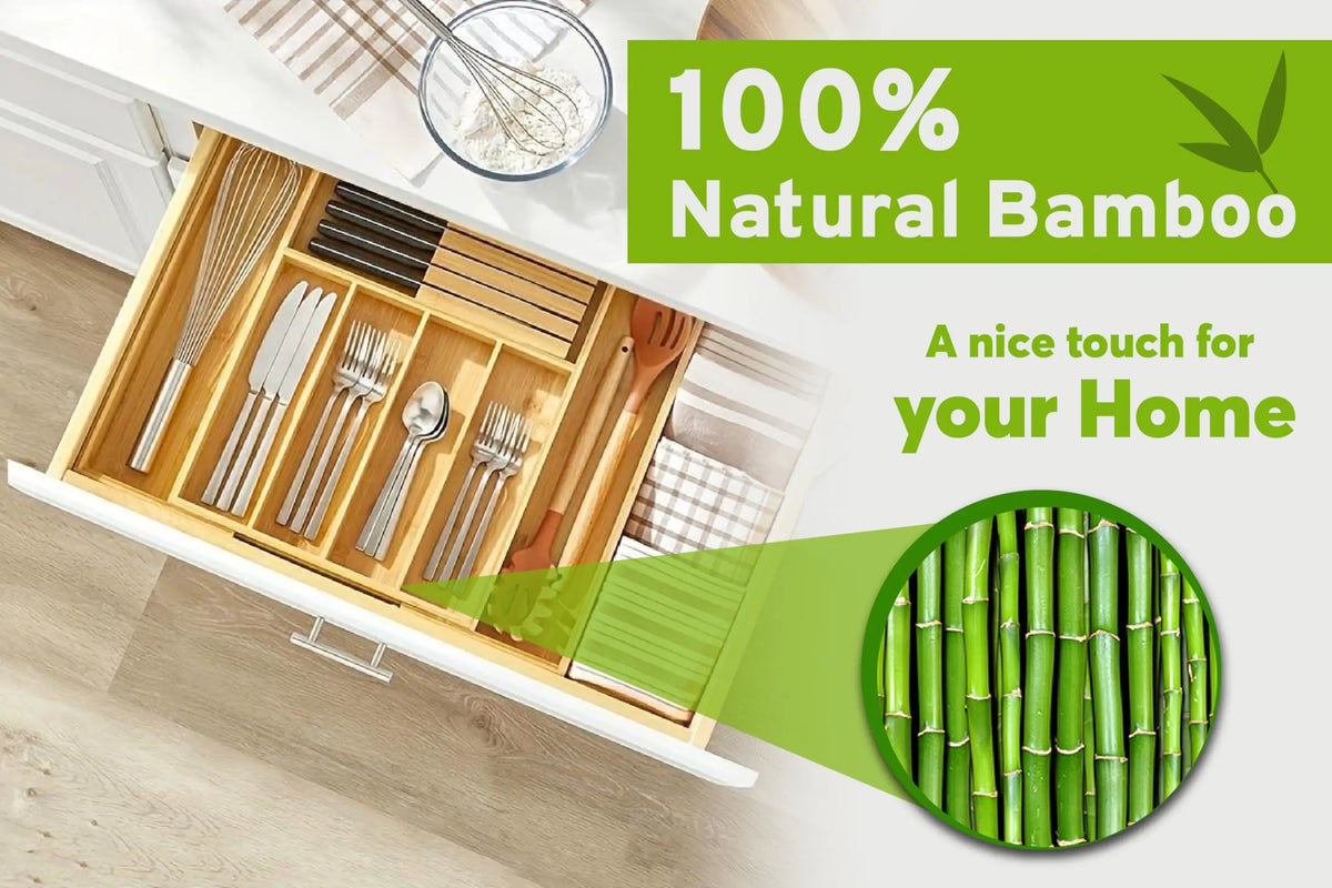 Bamboo Kitchen Drawer Organizer, Expandable Wood Utensil Tray, Adjustable Silverware Organizer with 9 Compartments for Fork, Spoon & Knife Utensils