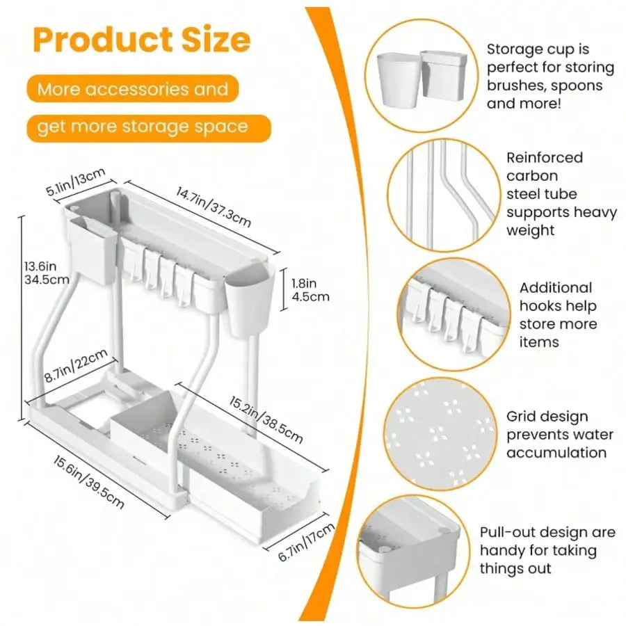 Multifunctional 2-Tier Under Sink Storage Organizer, Pull-Out Cabinet Rack Drawer, R-Shaped Expandable Adjustable Shelf, Large Capacity Space Saving Bathroom & Kitchen Organizer, Sliding Under Cabinet Storage Basket, Countert