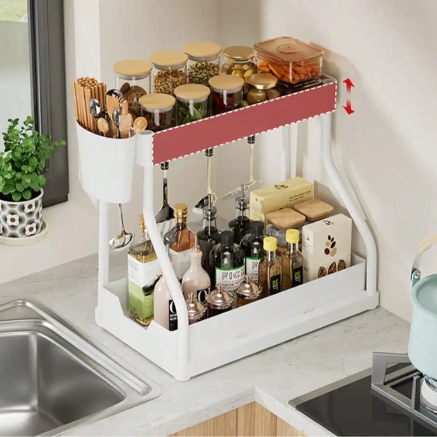Multifunctional 2-Tier Under Sink Storage Organizer, Pull-Out Cabinet Rack Drawer, R-Shaped Expandable Adjustable Shelf, Large Capacity Space Saving Bathroom & Kitchen Organizer, Sliding Under Cabinet Storage Basket, Countert