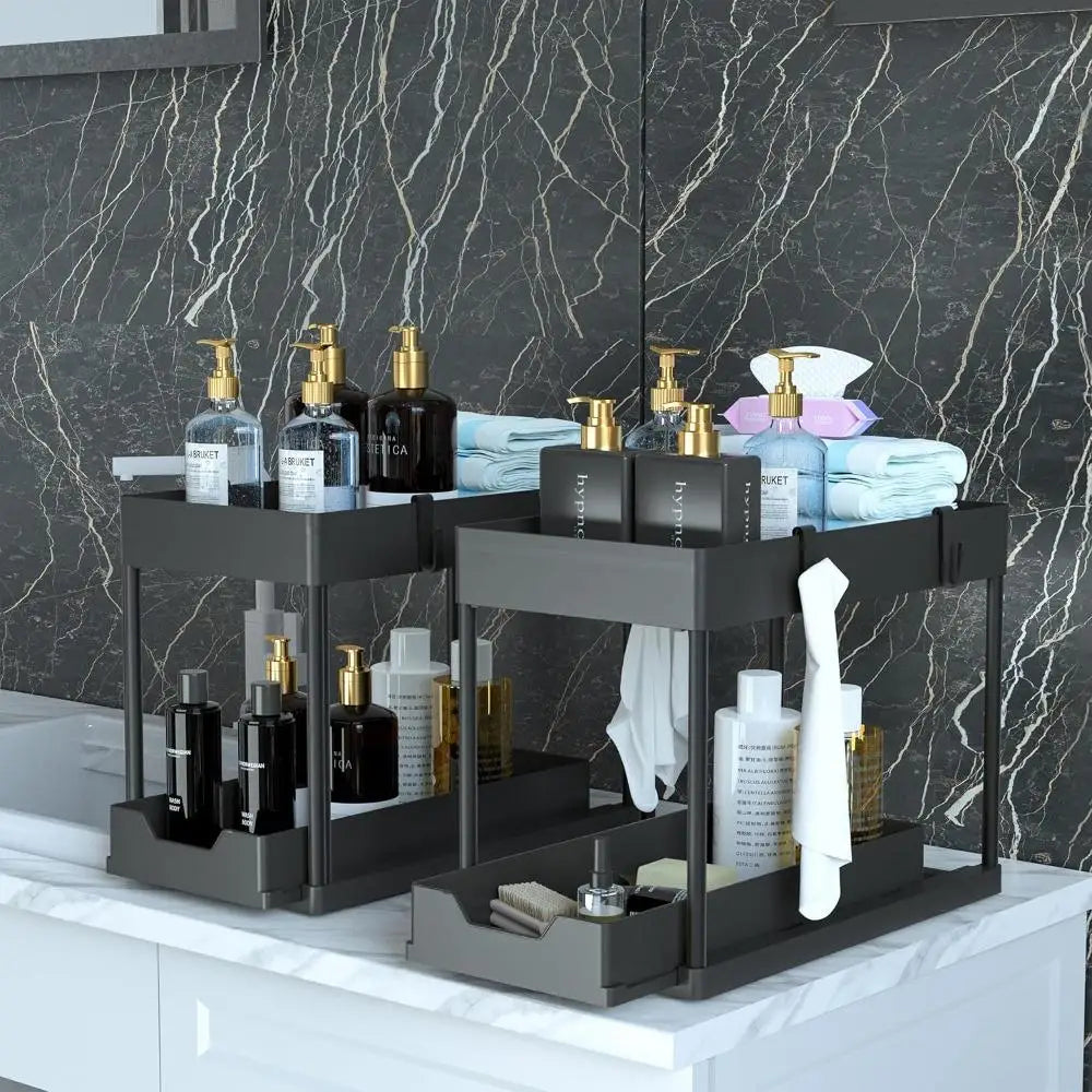 Black 2-Layer Multi-Purpose Under Sink Cabinet Organizer with Removable Pull-Out Storage Trays, Side Hooks – Home Organizer Storage Rack for Kitchen Spices, Bathroom Vanity Supplies, Countertop Organization