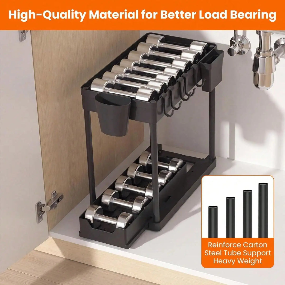 Pull Out Under Sink Storage Rack,2 Tier Sliding Cabinet Organizer with 5 Hooks+2 Detachable Cups,Stainless Steel Support Rods Plastic Trays,Black,Space Saver Shelf for Kitchen Bathroom Laundry Pantry Closet,Sturdy Freestandin