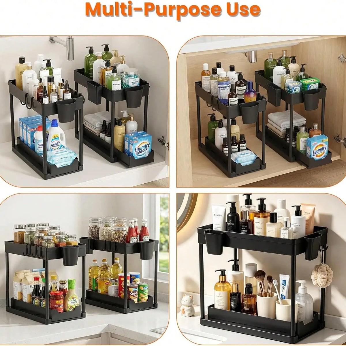 Pull Out Under Sink Storage Rack,2 Tier Sliding Cabinet Organizer with 5 Hooks+2 Detachable Cups,Stainless Steel Support Rods Plastic Trays,Black,Space Saver Shelf for Kitchen Bathroom Laundry Pantry Closet,Sturdy Freestandin