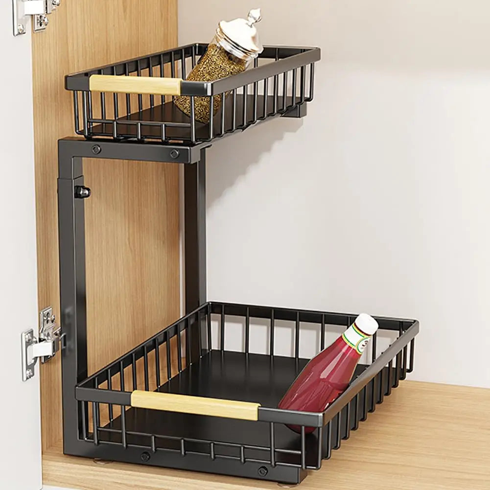 2-Tier Kitchen Under Cabinet Storage, Adjustable Height 16.5-19.2'', Carbon Steel Under Sink Storage Organizer- 4 Non-Slip Suction Cups, Pull Out Cabinet Organizer for Kitchen Bathroom - Black