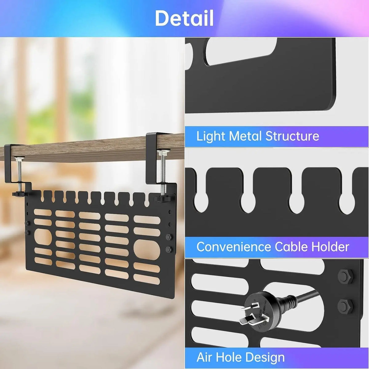 Cable Management Under Desk Wire Organizers Cord Management Pannel Design with Clamp Cable Clips for Desk Side Storage