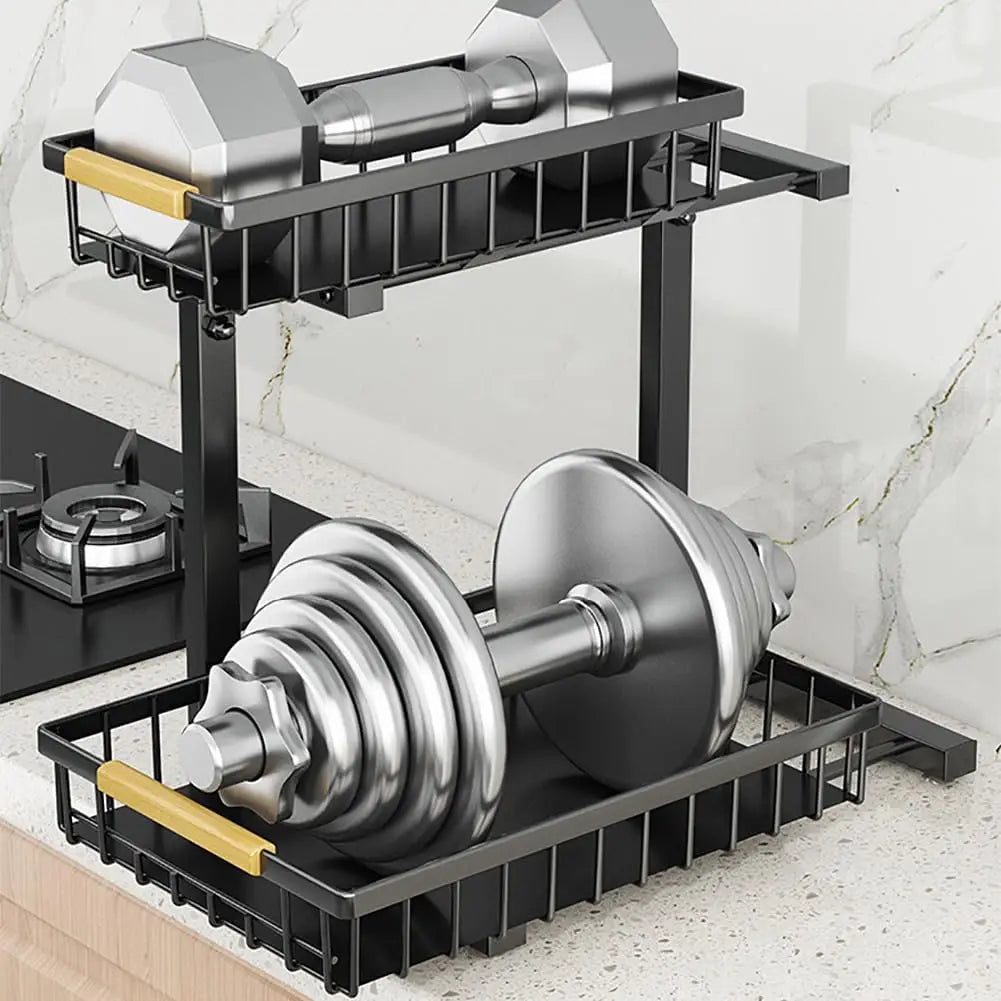 2-Tier Kitchen Under Cabinet Storage, Adjustable Height 16.5-19.2'', Carbon Steel Under Sink Storage Organizer- 4 Non-Slip Suction Cups, Pull Out Cabinet Organizer for Kitchen Bathroom - Black