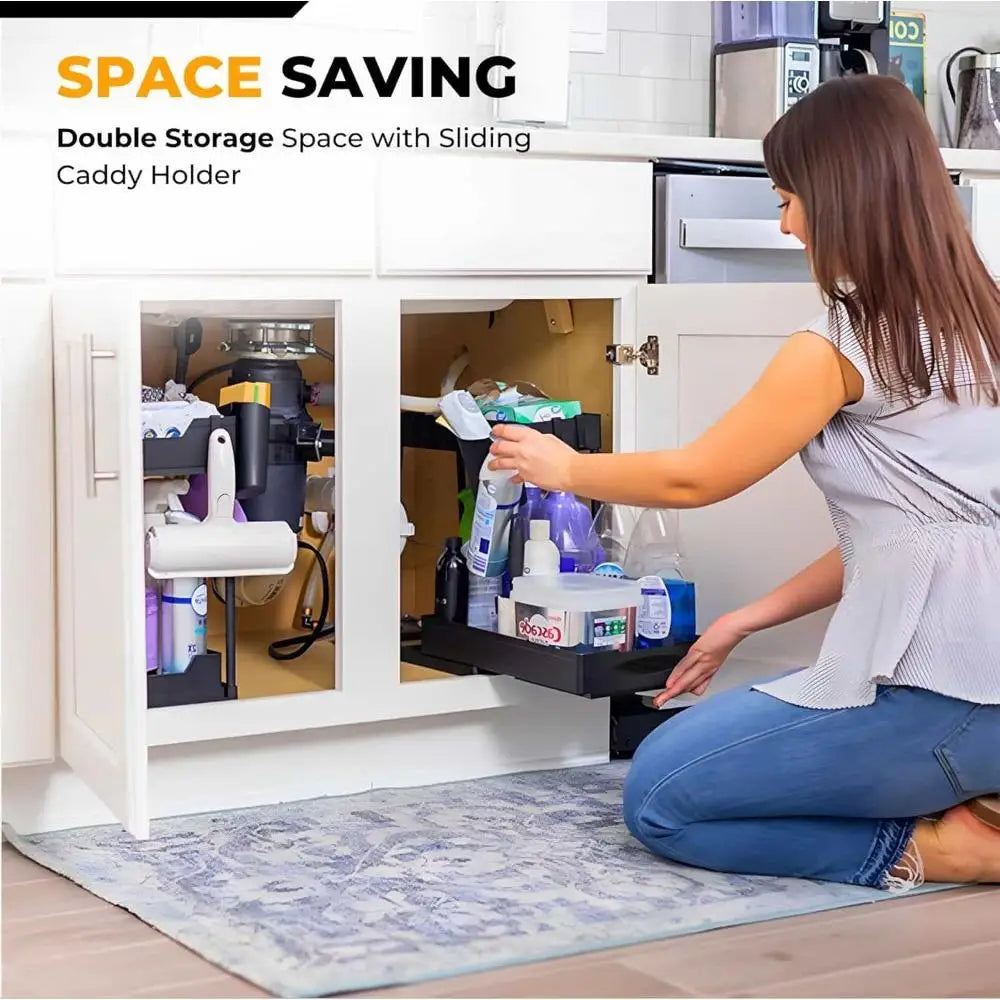Black 2-Layer Multi-Purpose Under Sink Cabinet Organizer with Removable Pull-Out Storage Trays, Side Hooks – Home Organizer Storage Rack for Kitchen Spices, Bathroom Vanity Supplies, Countertop Organization