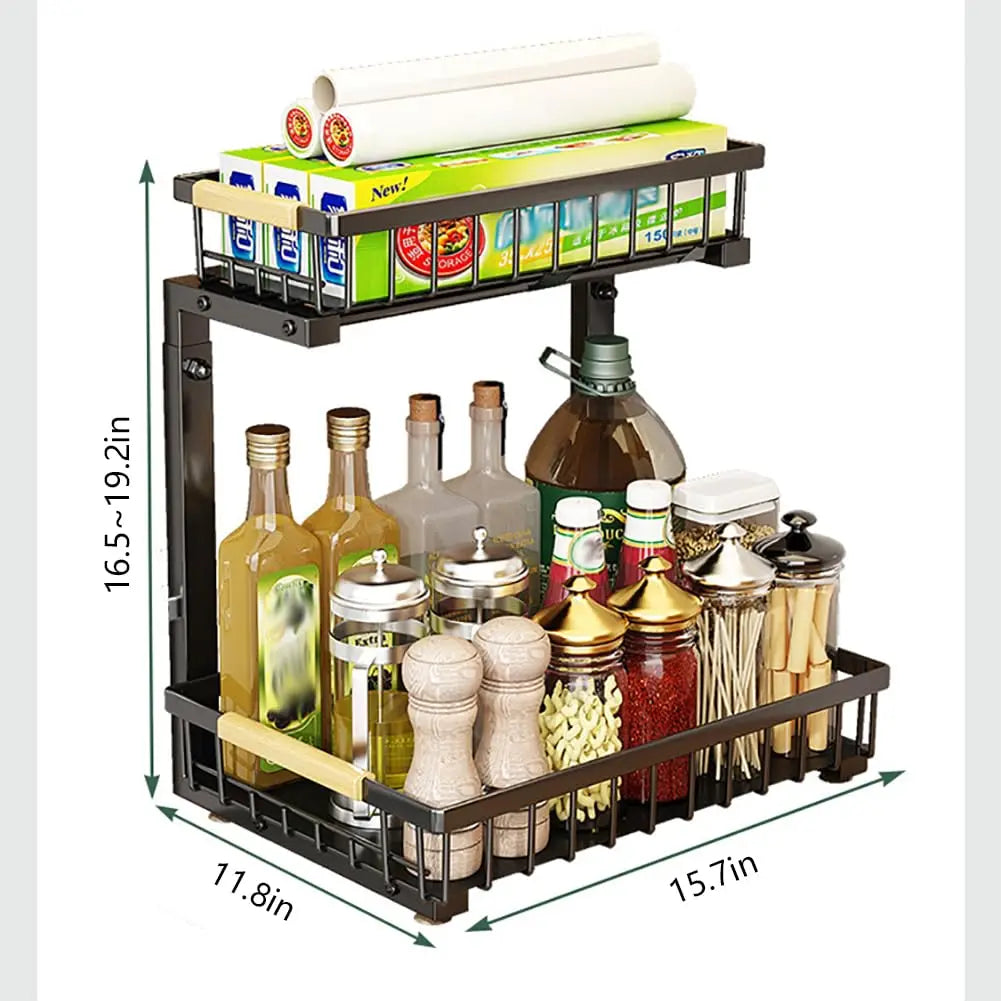 2-Tier Kitchen Under Cabinet Storage, Adjustable Height 16.5-19.2'', Carbon Steel Under Sink Storage Organizer- 4 Non-Slip Suction Cups, Pull Out Cabinet Organizer for Kitchen Bathroom - Black