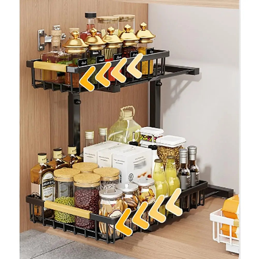 2-Tier Kitchen Under Cabinet Storage, Adjustable Height 16.5-19.2'', Carbon Steel Under Sink Storage Organizer- 4 Non-Slip Suction Cups, Pull Out Cabinet Organizer for Kitchen Bathroom - Black