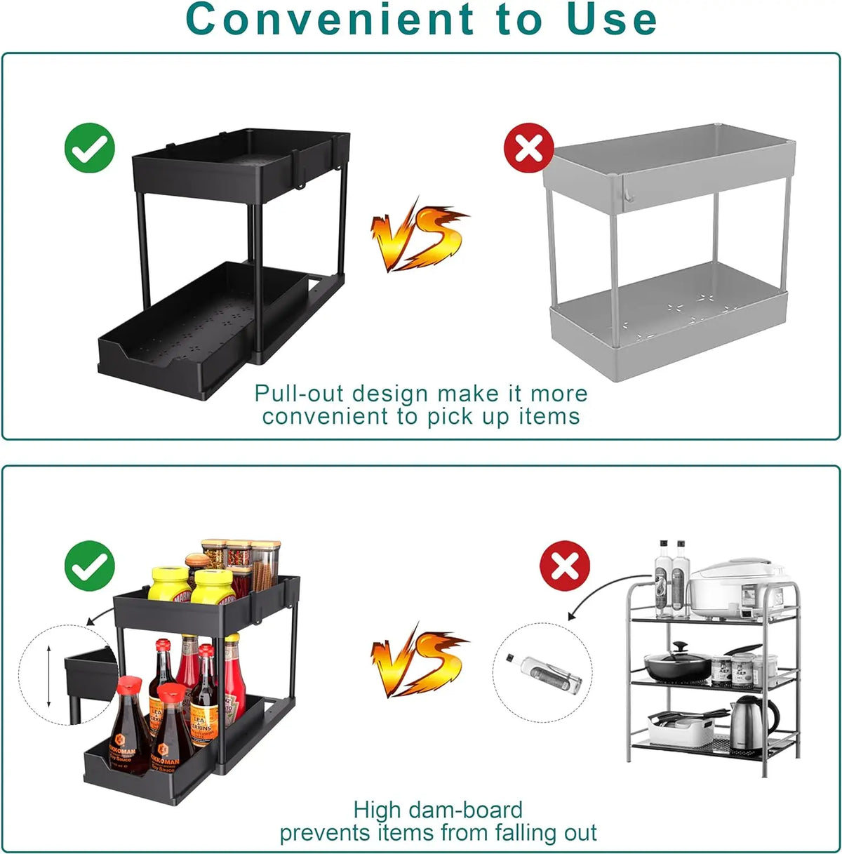 Black 2-Layer Multi-Purpose Under Sink Cabinet Organizer with Removable Pull-Out Storage Trays, Side Hooks – Home Organizer Storage Rack for Kitchen Spices, Bathroom Vanity Supplies, Countertop Organization