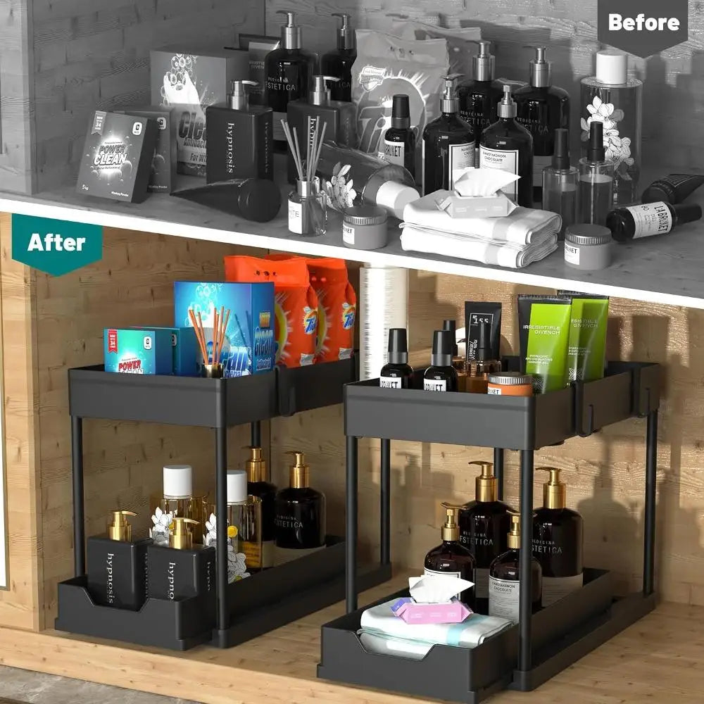 Black 2-Layer Multi-Purpose Under Sink Cabinet Organizer with Removable Pull-Out Storage Trays, Side Hooks – Home Organizer Storage Rack for Kitchen Spices, Bathroom Vanity Supplies, Countertop Organization