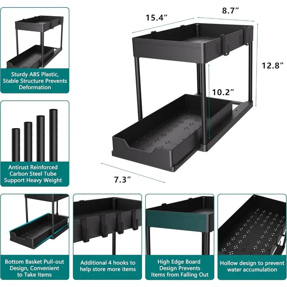 Black 2-Layer Multi-Purpose Under Sink Cabinet Organizer with Removable Pull-Out Storage Trays, Side Hooks – Home Organizer Storage Rack for Kitchen Spices, Bathroom Vanity Supplies, Countertop Organization