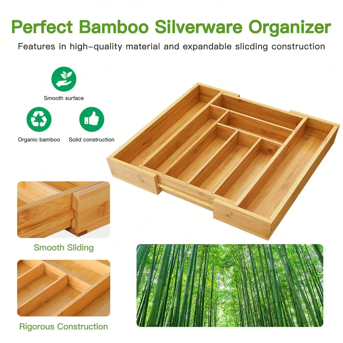 Bamboo Expandable Silverware Drawer Organizer, Adjustable Kitchen Utensil Tray For Forks, Spoons And Knives, Wood Storage Cutlery Holder For Bedroom And Living Room
