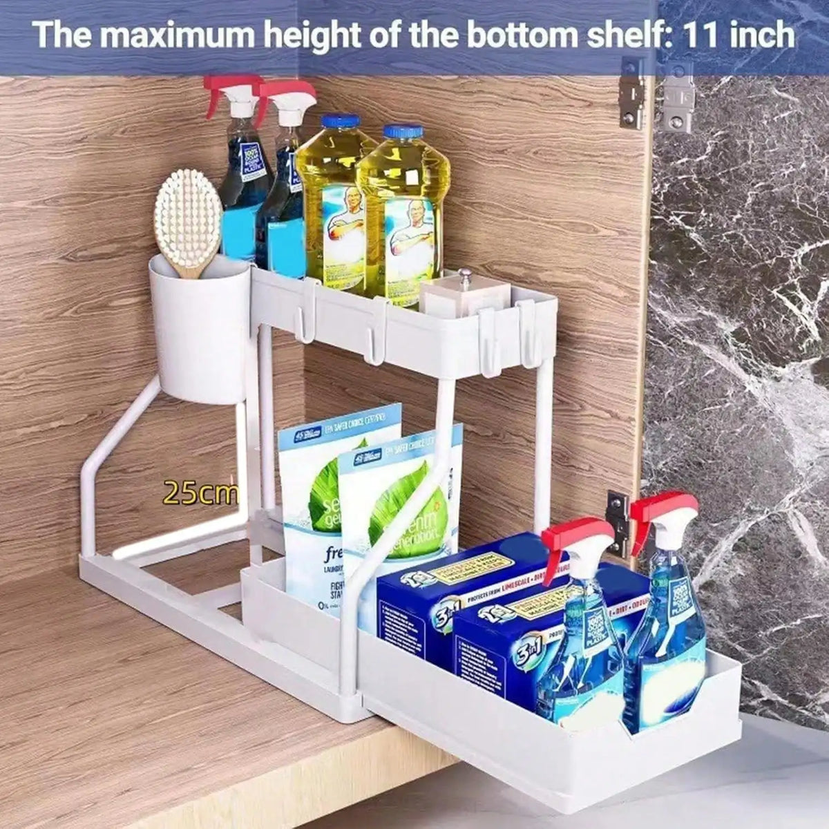 Multifunctional 2-Tier Under Sink Storage Organizer, Pull-Out Cabinet Rack Drawer, R-Shaped Expandable Adjustable Shelf, Large Capacity Space Saving Bathroom & Kitchen Organizer, Sliding Under Cabinet Storage Basket, Countert