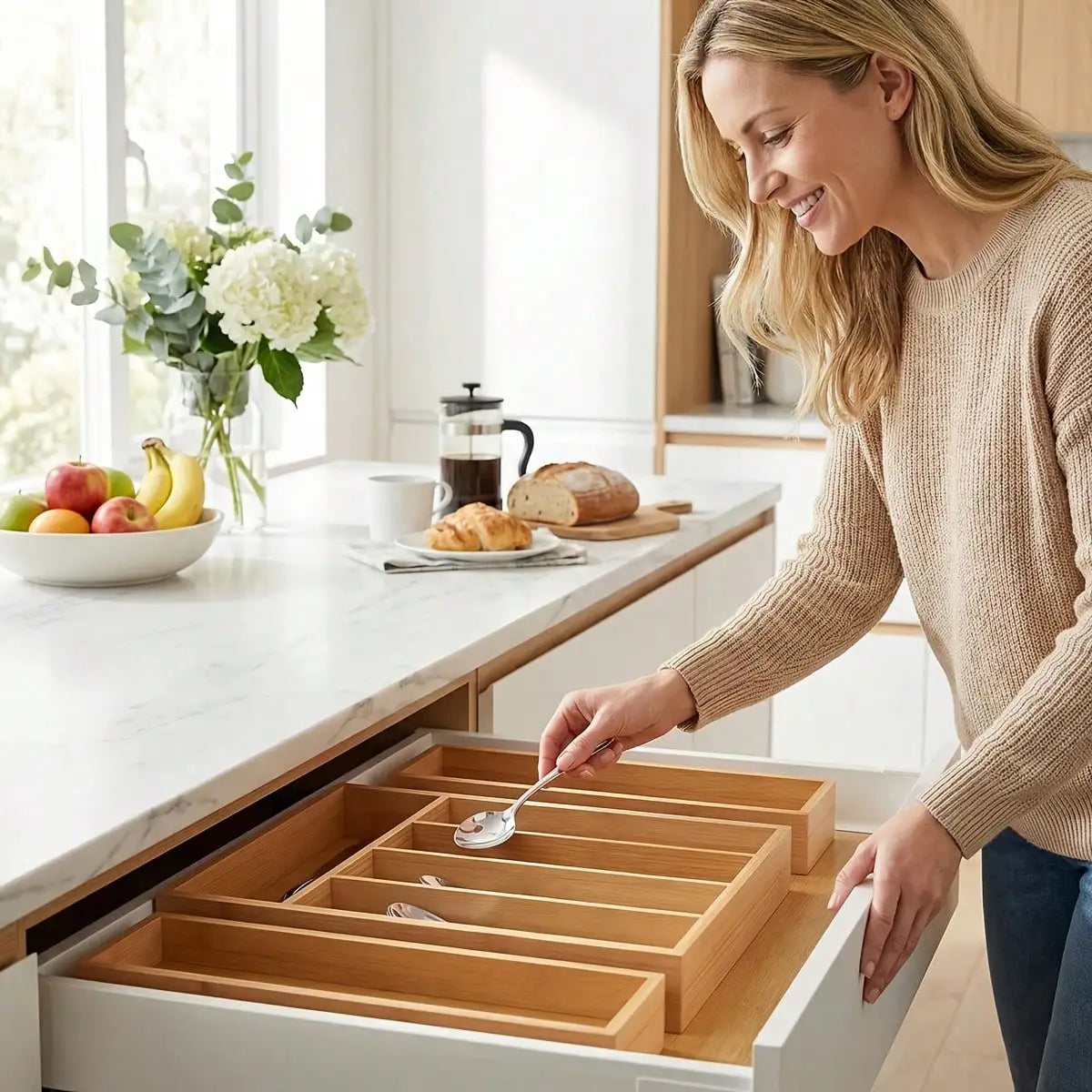 Bamboo Kitchen Drawer Organizer, Expandable Silverware Tray For Drawer, Multi-Slot Silverware Organizer & Utensil Drawer Organizer For Cutlery