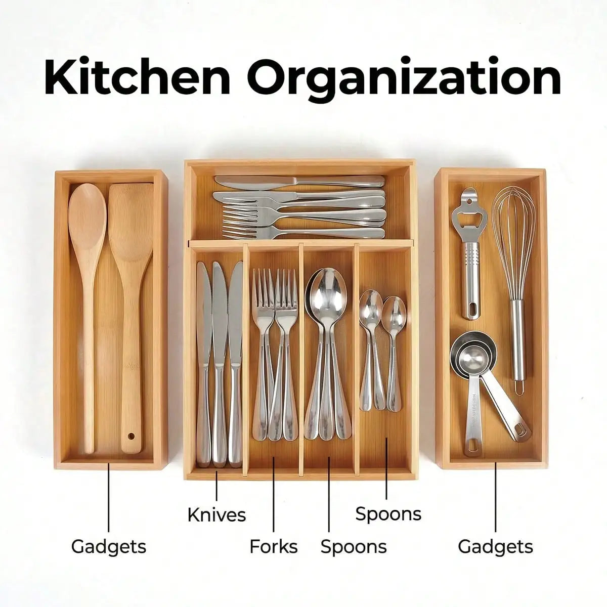 Bamboo Kitchen Drawer Organizer, Expandable Silverware Tray For Drawer, Multi-Slot Silverware Organizer & Utensil Drawer Organizer For Cutlery