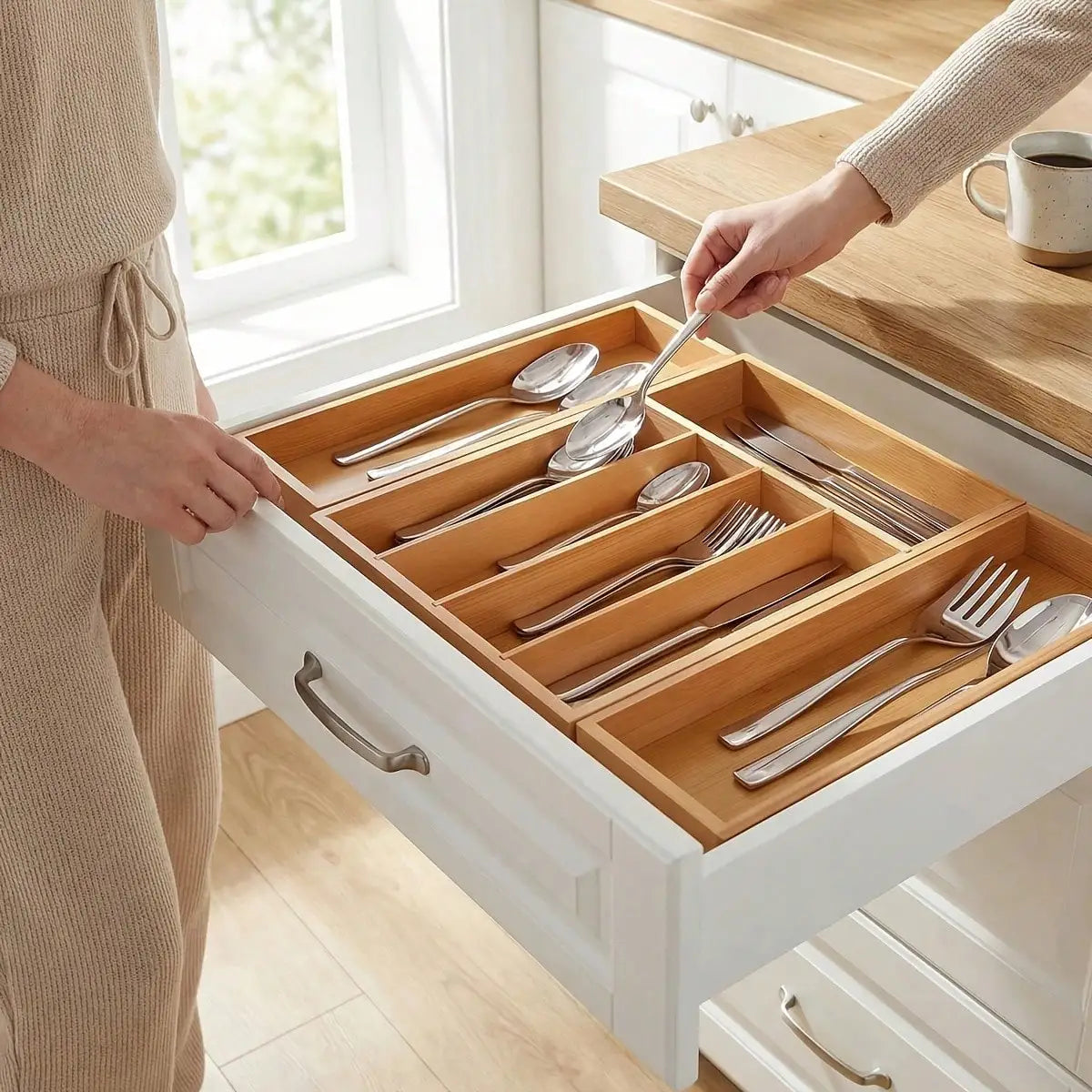 Bamboo Kitchen Drawer Organizer, Expandable Silverware Tray For Drawer, Multi-Slot Silverware Organizer & Utensil Drawer Organizer For Cutlery