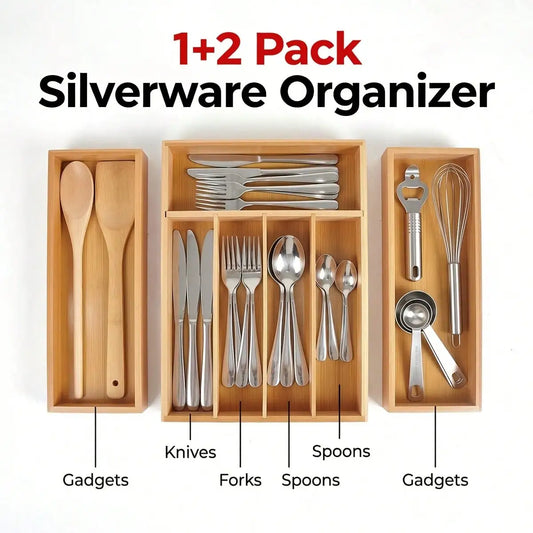 Bamboo Kitchen Drawer Organizer, Expandable Silverware Tray For Drawer, Multi-Slot Silverware Organizer & Utensil Drawer Organizer For Cutlery