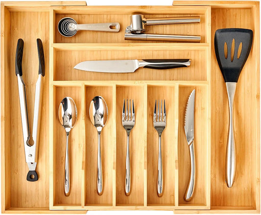 Bamboo Kitchen Drawer Organizer, Expandable Wood Utensil Tray, Adjustable Silverware Organizer with 9 Compartments for Fork, Spoon & Knife Utensils