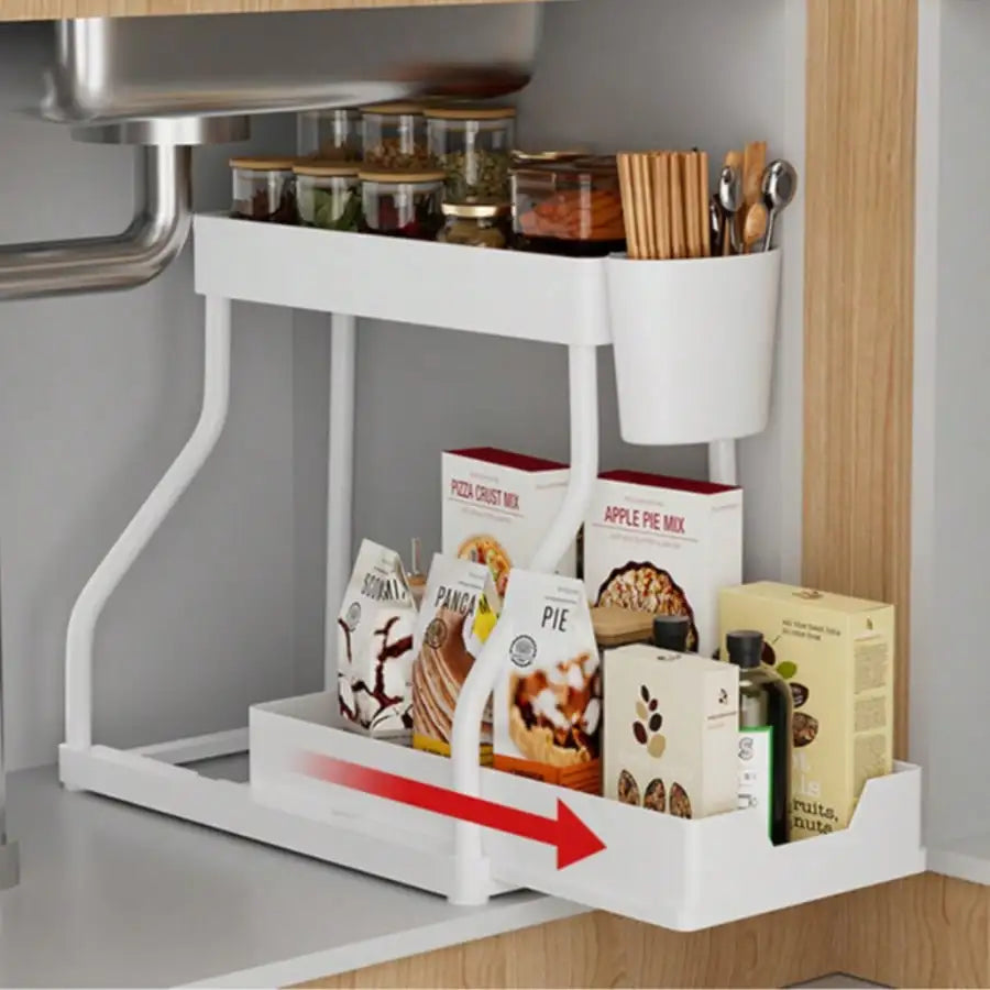 Multifunctional 2-Tier Under Sink Storage Organizer, Pull-Out Cabinet Rack Drawer, R-Shaped Expandable Adjustable Shelf, Large Capacity Space Saving Bathroom & Kitchen Organizer, Sliding Under Cabinet Storage Basket, Countert