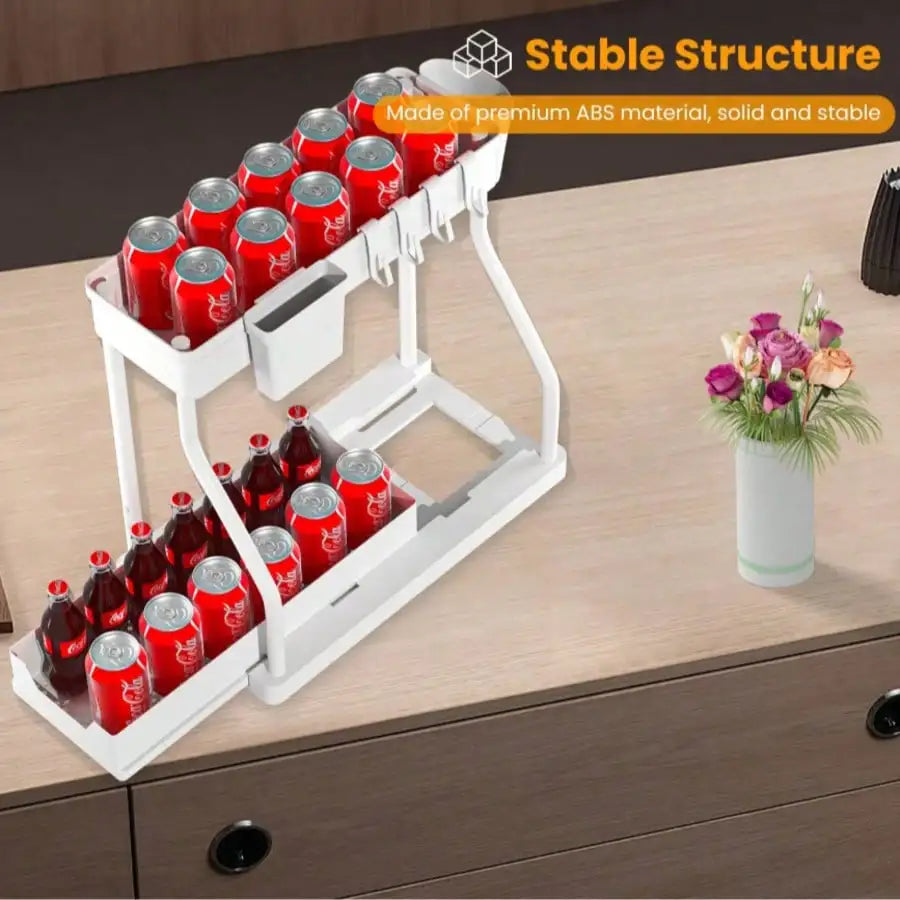 Multifunctional 2-Tier Under Sink Storage Organizer, Pull-Out Cabinet Rack Drawer, R-Shaped Expandable Adjustable Shelf, Large Capacity Space Saving Bathroom & Kitchen Organizer, Sliding Under Cabinet Storage Basket, Countert