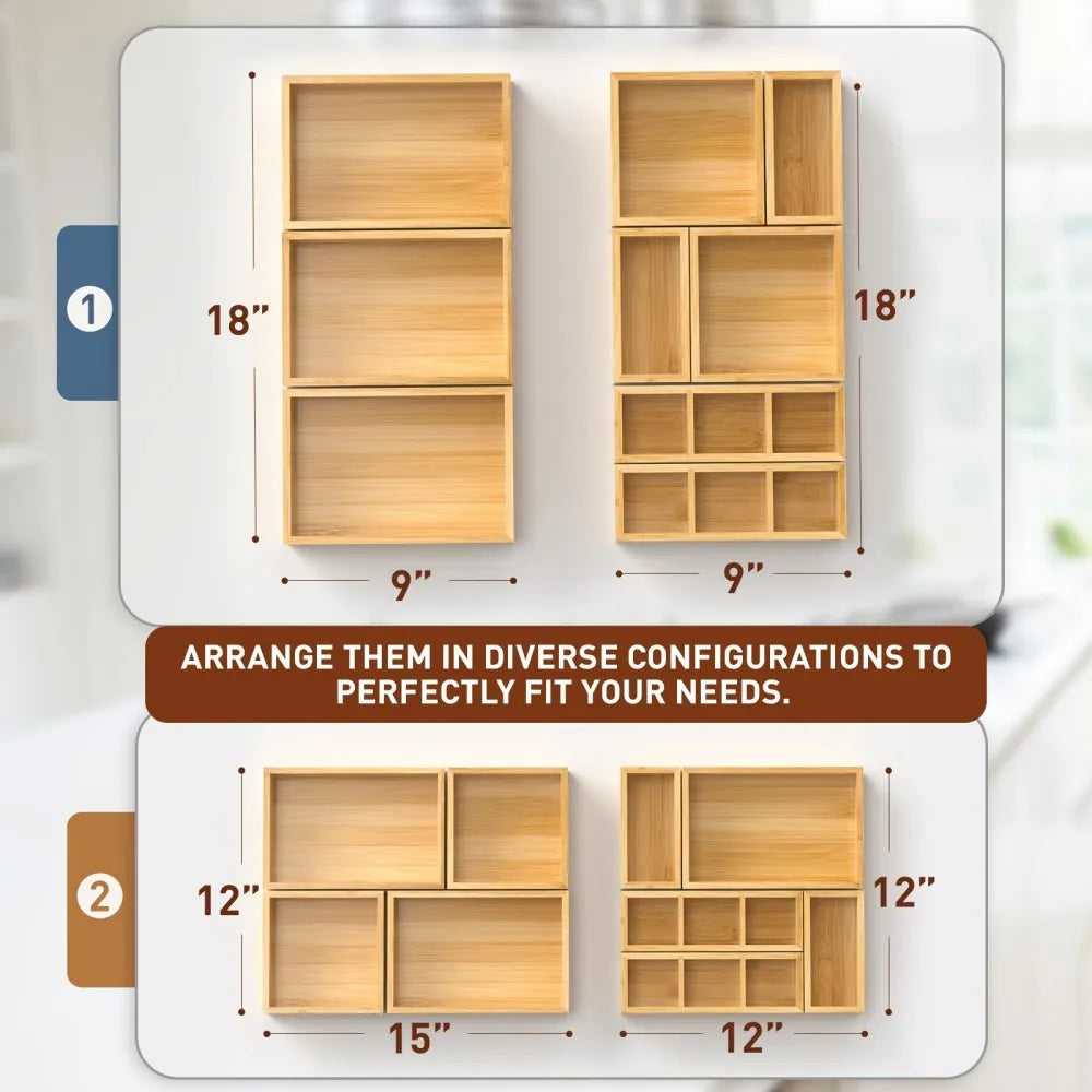 9pcs Bamboo Drawer Organizer with Adjustable Dividers & Compartments Suitable, Office, Bathroom Storage - Adjustable Wood Storage Boxes, Bamboo Trays for Desk, Tea Table, Multi- Organizers for and Workspace, Desk & Drawer Org
