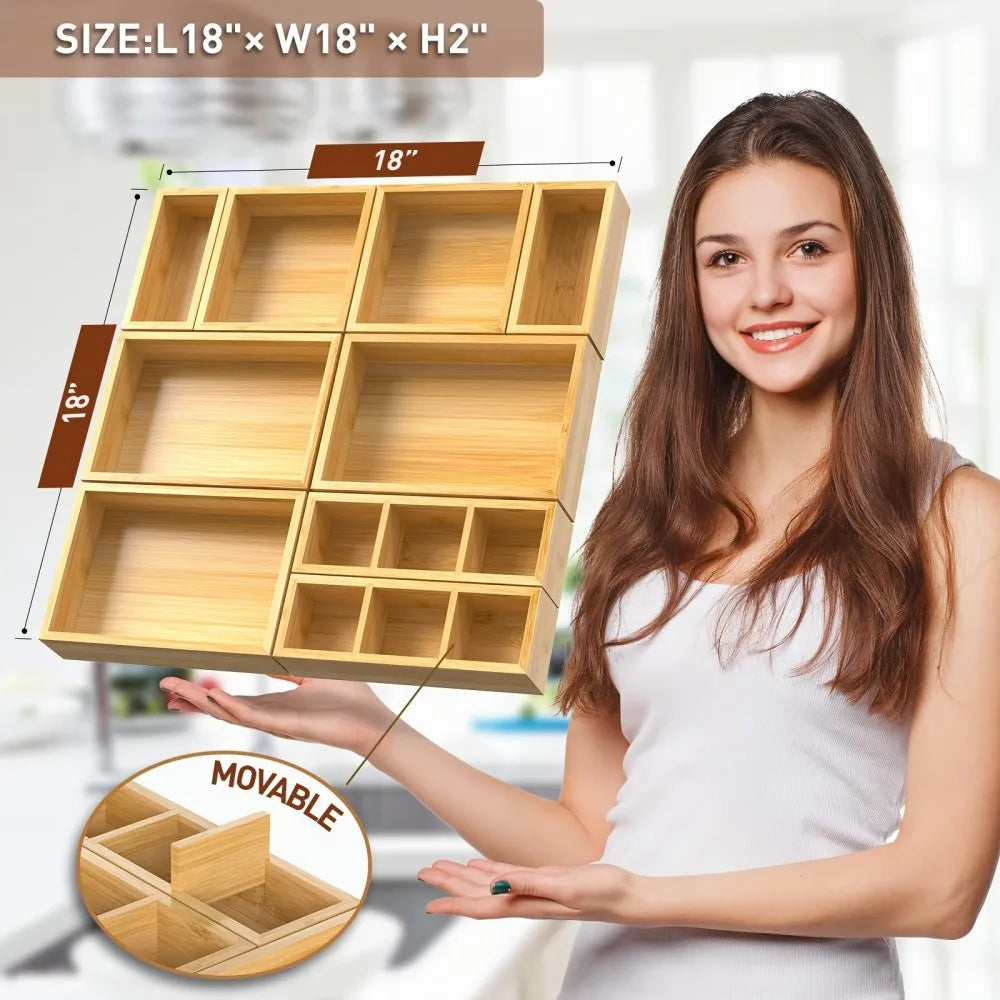 9pcs Bamboo Drawer Organizer with Adjustable Dividers & Compartments Suitable, Office, Bathroom Storage - Adjustable Wood Storage Boxes, Bamboo Trays for Desk, Tea Table, Multi- Organizers for and Workspace, Desk & Drawer Org