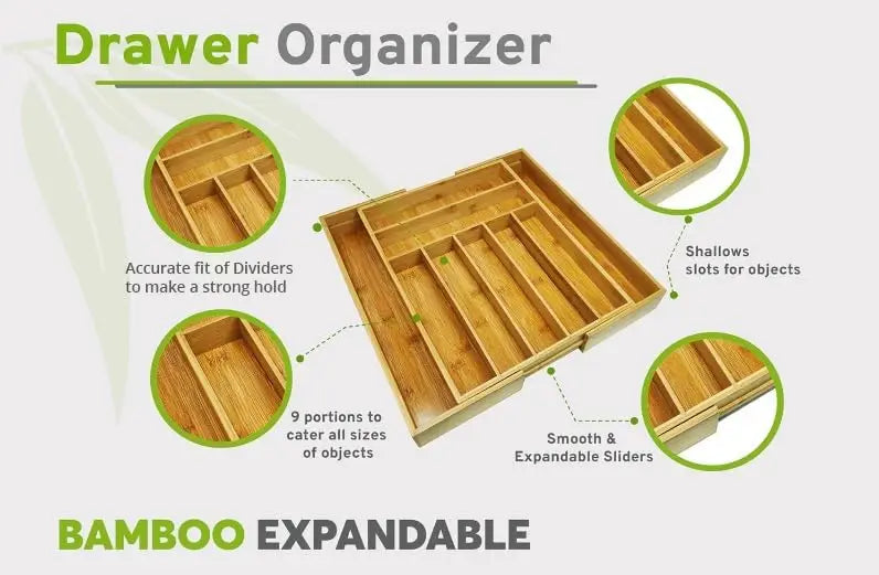 Bamboo Kitchen Drawer Organizer, Expandable Wood Utensil Tray, Adjustable Silverware Organizer with 9 Compartments for Fork, Spoon & Knife Utensils