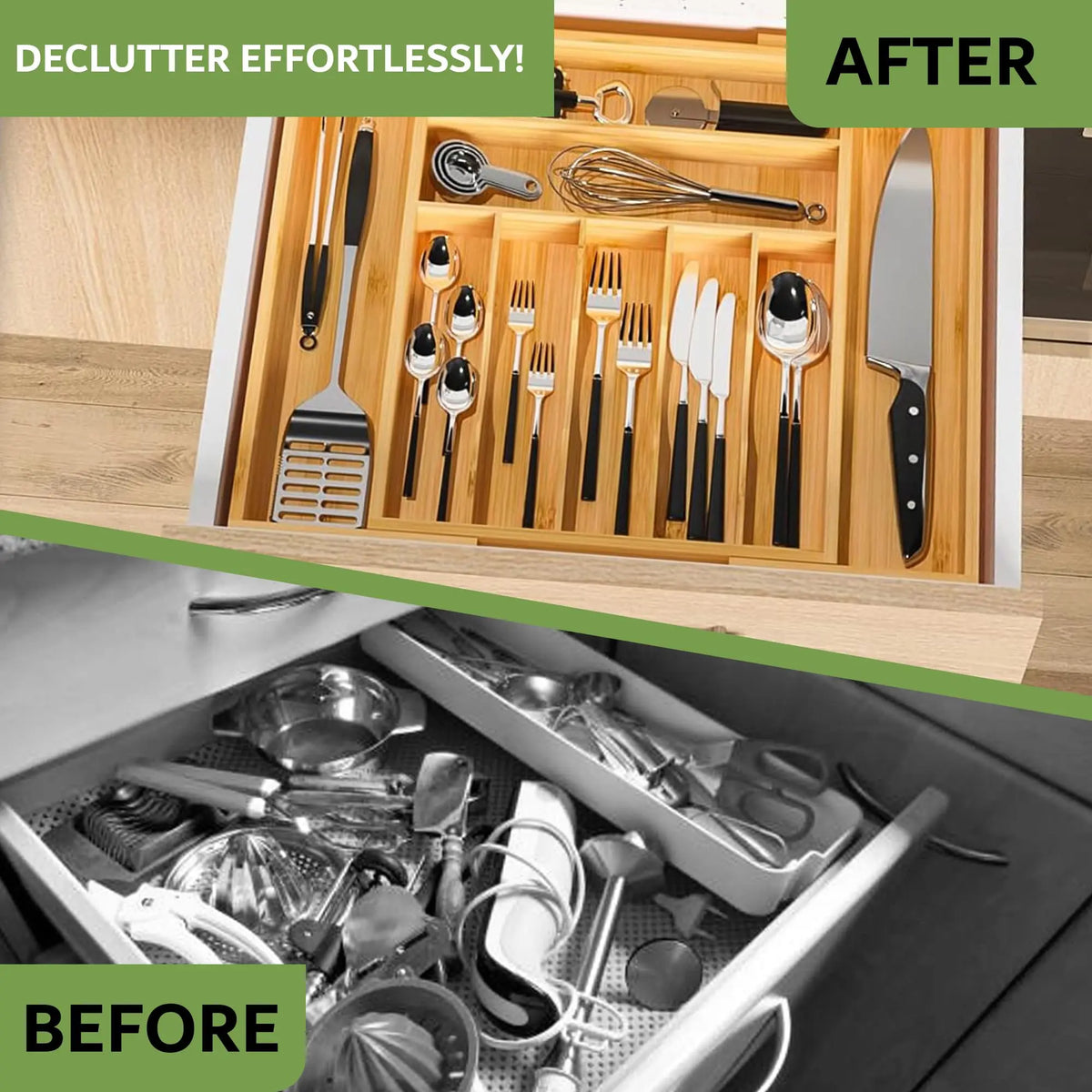 Bamboo Kitchen Drawer Organizer, Expandable Wood Utensil Tray, Adjustable Silverware Organizer with 9 Compartments for Fork, Spoon & Knife Utensils