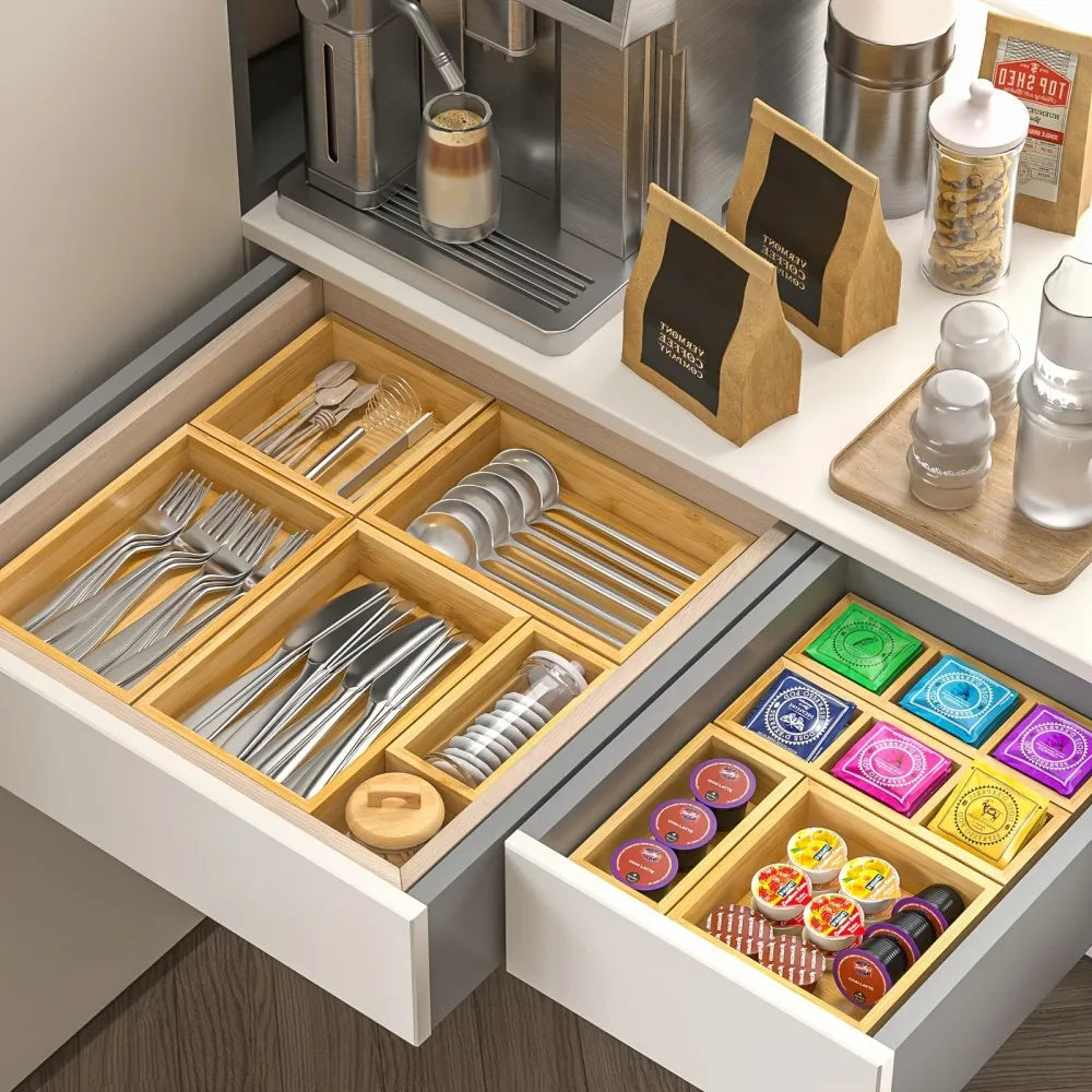 9pcs Bamboo Drawer Organizer with Adjustable Dividers & Compartments Suitable, Office, Bathroom Storage - Adjustable Wood Storage Boxes, Bamboo Trays for Desk, Tea Table, Multi- Organizers for and Workspace, Desk & Drawer Org