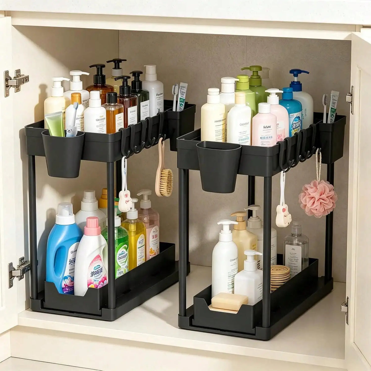 Pull Out Under Sink Storage Rack,2 Tier Sliding Cabinet Organizer with 5 Hooks+2 Detachable Cups,Stainless Steel Support Rods Plastic Trays,Black,Space Saver Shelf for Kitchen Bathroom Laundry Pantry Closet,Sturdy Freestandin