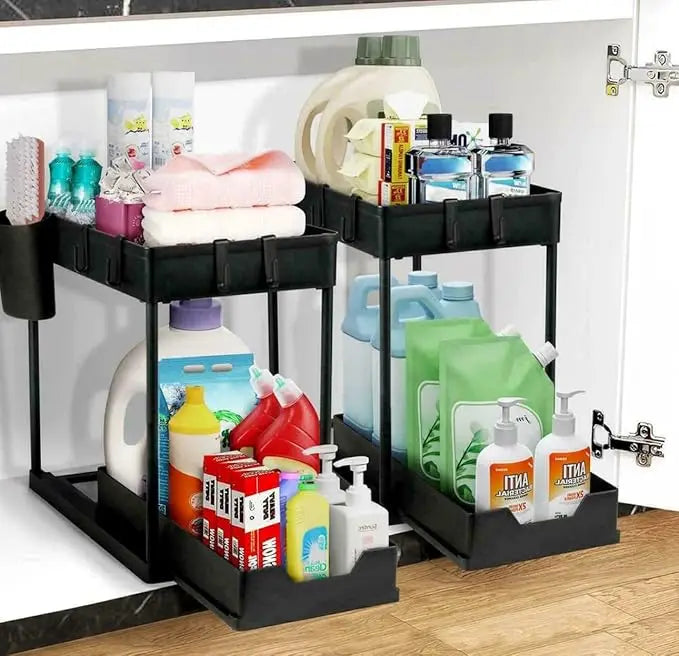 Pull Out Under Sink Storage Rack,2 Tier Sliding Cabinet Organizer with 5 Hooks+2 Detachable Cups,Stainless Steel Support Rods Plastic Trays,Black,Space Saver Shelf for Kitchen Bathroom Laundry Pantry Closet,Sturdy Freestandin