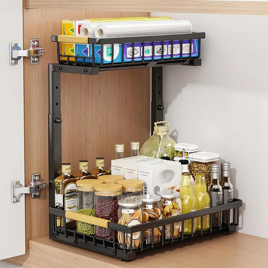 2-Tier Kitchen Under Cabinet Storage, Adjustable Height 16.5-19.2'', Carbon Steel Under Sink Storage Organizer- 4 Non-Slip Suction Cups, Pull Out Cabinet Organizer for Kitchen Bathroom - Black