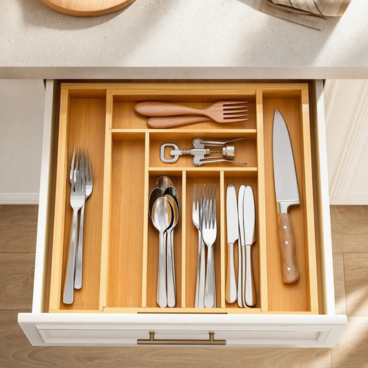 Bamboo Expandable Drawer Organizer for Utensils Holder, Adjustable Silverware Organizer Cutlery Tray, Drawer Dividers for Utensils, Flatware, Knives in Kitchen, Bedroom, Living Room