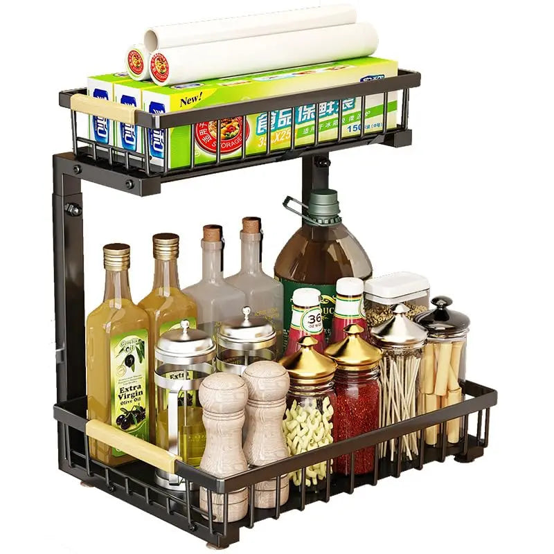 2-Tier Kitchen Under Cabinet Storage, Adjustable Height 16.5-19.2'', Carbon Steel Under Sink Storage Organizer- 4 Non-Slip Suction Cups, Pull Out Cabinet Organizer for Kitchen Bathroom - Black