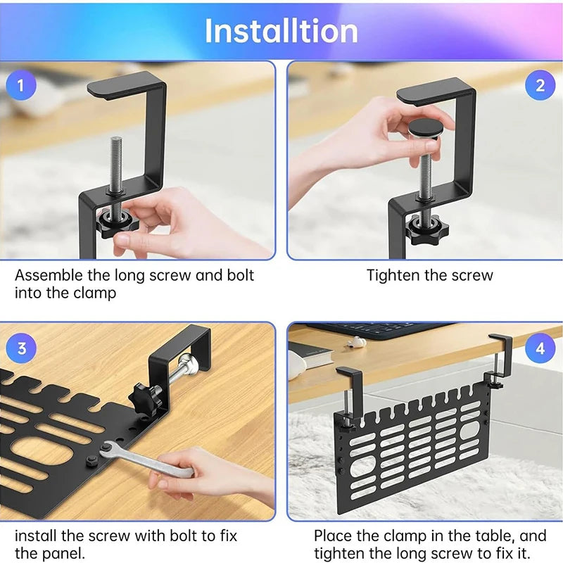 Cable Management Under Desk Wire Organizers Cord Management Pannel Design with Clamp Cable Clips for Desk Side Storage