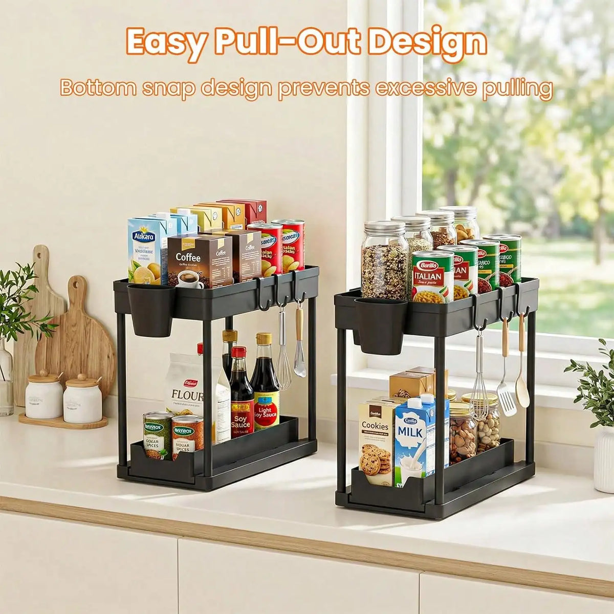 Pull Out Under Sink Storage Rack,2 Tier Sliding Cabinet Organizer with 5 Hooks+2 Detachable Cups,Stainless Steel Support Rods Plastic Trays,Black,Space Saver Shelf for Kitchen Bathroom Laundry Pantry Closet,Sturdy Freestandin