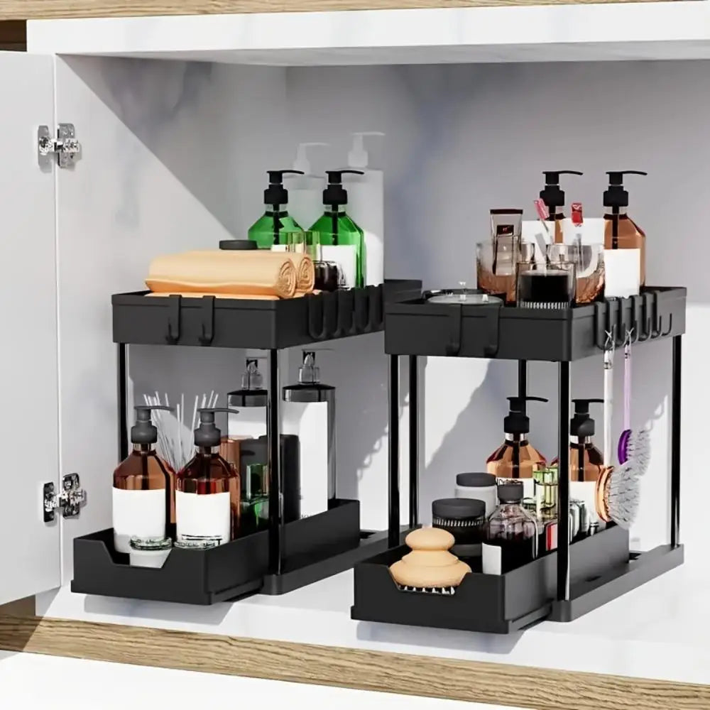 Black 2-Layer Multi-Purpose Under Sink Cabinet Organizer with Removable Pull-Out Storage Trays, Side Hooks – Home Organizer Storage Rack for Kitchen Spices, Bathroom Vanity Supplies, Countertop Organization