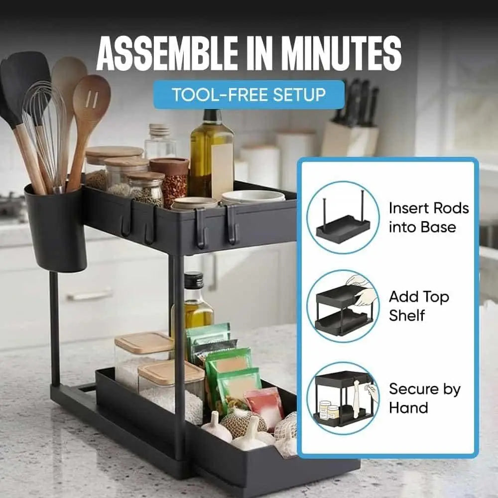 Black 2-Layer Multi-Purpose Under Sink Cabinet Organizer with Removable Pull-Out Storage Trays, Side Hooks – Home Organizer Storage Rack for Kitchen Spices, Bathroom Vanity Supplies, Countertop Organization