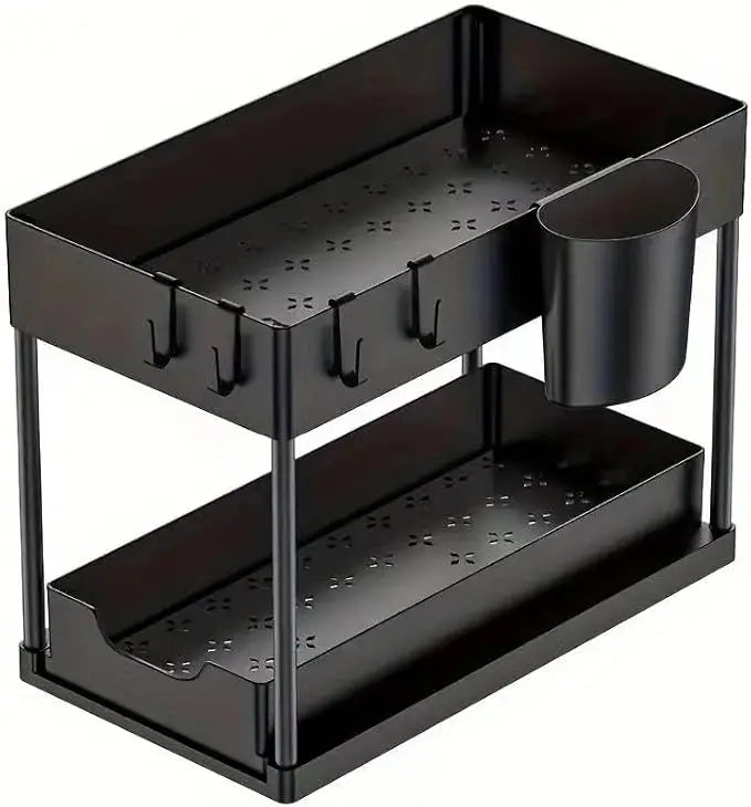 Pull Out Under Sink Storage Rack,2 Tier Sliding Cabinet Organizer with 5 Hooks+2 Detachable Cups,Stainless Steel Support Rods Plastic Trays,Black,Space Saver Shelf for Kitchen Bathroom Laundry Pantry Closet,Sturdy Freestandin
