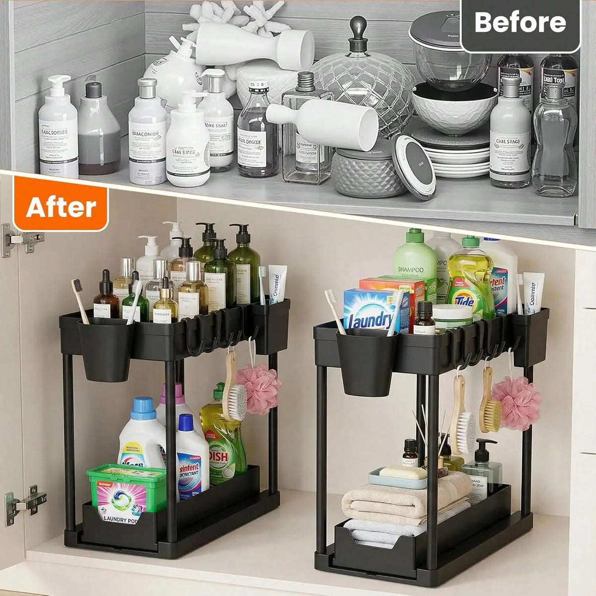Pull Out Under Sink Storage Rack,2 Tier Sliding Cabinet Organizer with 5 Hooks+2 Detachable Cups,Stainless Steel Support Rods Plastic Trays,Black,Space Saver Shelf for Kitchen Bathroom Laundry Pantry Closet,Sturdy Freestandin