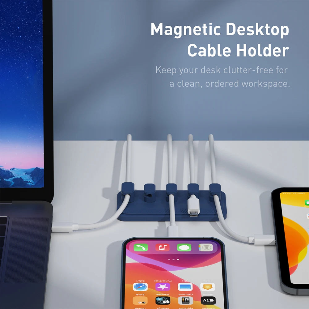 Car mounted magnetic cable management, silicone cable clamp, desktop multi-purpose wire holder, 5 clips for lighting USB C micro