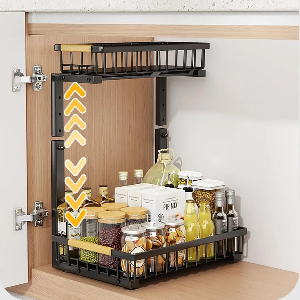2-Tier Kitchen Under Cabinet Storage, Adjustable Height 16.5-19.2'', Carbon Steel Under Sink Storage Organizer- 4 Non-Slip Suction Cups, Pull Out Cabinet Organizer for Kitchen Bathroom - Black