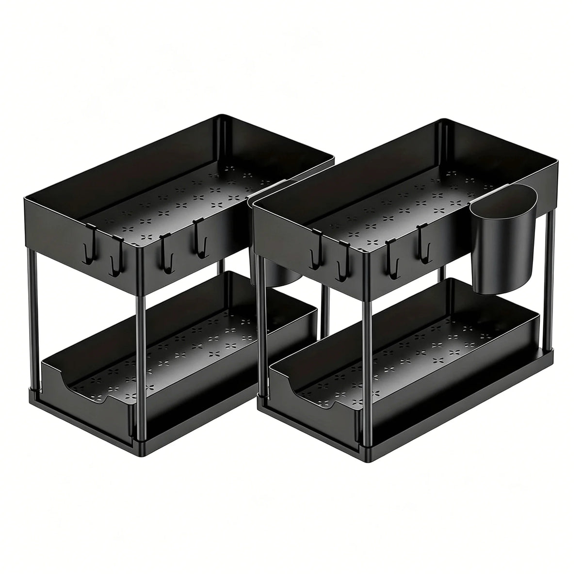 Pull Out Under Sink Storage Rack,2 Tier Sliding Cabinet Organizer with 5 Hooks+2 Detachable Cups,Stainless Steel Support Rods Plastic Trays,Black,Space Saver Shelf for Kitchen Bathroom Laundry Pantry Closet,Sturdy Freestandin